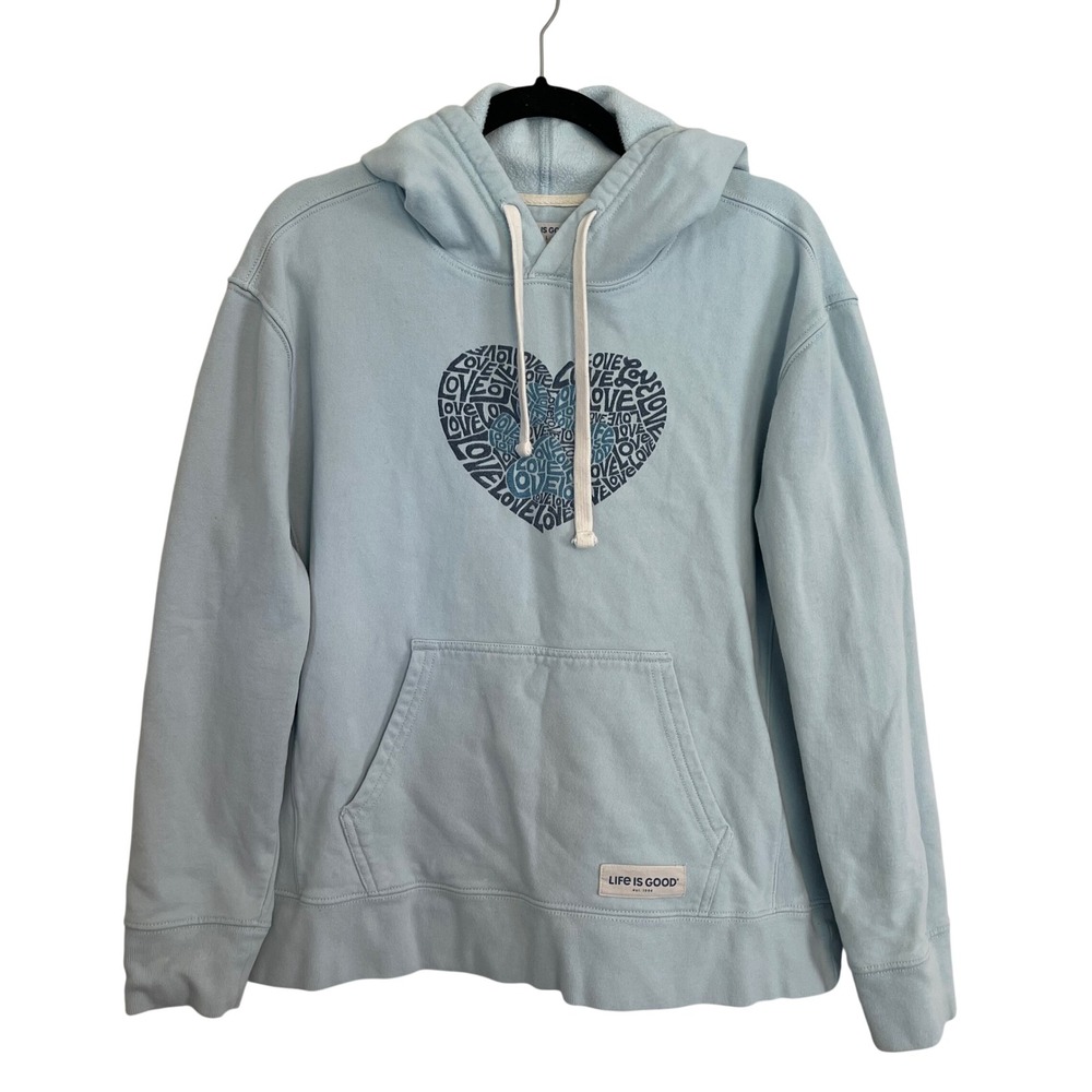 Life is Good Womens Large Blue Love Heart Paw Print Cotton Hoodie Sweatshirt